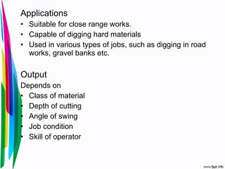 Applications
• Suitable for close range works.
• Capable of digging hard materials
• Used in various types of jobs, such as digging in road
works, gravel banks etc.
Output
Depends on
• Class of material
• Depth of cutting
• Angle of swing
• Job condition
• Skill of operator
 