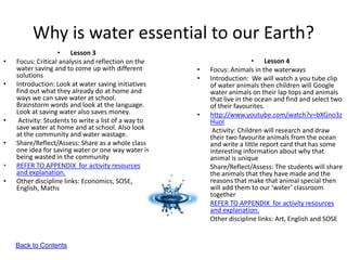 Why is water essential to our Earth?
                   • Lesson 3
•   Focus: Critical analysis and reflection on the                        • Lesson 4
    water saving and to come up with different        •   Focus: Animals in the waterways
    solutions                                         •   Introduction: We will watch a you tube clip
•   Introduction: Look at water saving initiatives        of water animals then children will Google
    find out what they already do at home and             water animals on their lap tops and animals
    ways we can save water at school.                     that live in the ocean and find and select two
    Brainstorm words and look at the language.            of their favourites.
    Look at saving water also saves money.            •   http://www.youtube.com/watch?v=bXGno3z
•    Activity: Students to write a list of a way to       HuoI
    save water at home and at school. Also look            Activity: Children will research and draw
    at the community and water wastage.                   their two favourite animals from the ocean
•   Share/Reflect/Assess: Share as a whole class          and write a little report card that has some
    one idea for saving water or one way water is         interesting information about why that
    being wasted in the community                         animal is unique
•   REFER TO APPENDIX for activity resources          •   Share/Reflect/Assess: The students will share
    and explanation.                                      the animals that they have made and the
•   Other discipline links: Economics, SOSE,              reasons that make that animal special then
    English, Maths                                        will add them to our ‘water’ classroom
                                                          together
                                                      •   REFER TO APPENDIX for activity resources
                                                          and explanation.
                                                      •   Other discipline links: Art, English and SOSE


    Back to Contents
 