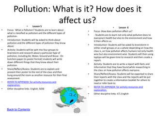 Pollution: What is it? How does it
                      affect us?
                        •     Lesson 5                                                   •     Lesson 6
•   Focus: What is Pollution? Students are to learn about        •   Focus: How does pollution affect us?
    what is classified as pollution and the different types of
    pollution.                                                   •   - Students are to learn not only what pollution does to
                                                                     everyone’s health but also to the environment and how
•   Introduction: Students will be asked to think about              it then affects us.
    pollution and the different types of pollution they know
    about.                                                       •   Introduction: Students will be asked to brainstorm in
                                                                     either small groups or as a whole depending on how the
•   Activity: Students will be spilt into four groups to             class is, on how pollution affects humans not only health
    brainstorm and research about a particular type of               wise but also environment wise. Students will then using
    pollution, including Air, Water, Ground and Noise. On            laptops will be given time to research and then create a
    butchers paper (in poster format) students will write            report.
    down different things that they know about their
    pollution.                                                   •   Activity: Students are to write a report with facts and
                                                                     information that they have found while researching in
•   Share/Reflect/Assess: Students are to explain and                the class on how pollution affects everyone.
    present their poster to the rest of the class and then
    hung around the room as another resource for their final     •   Share/Reflect/Assess: Students will be expected to share
    assessment.                                                      their reports with the class and the reports will be put
                                                                     together to create a information booklet for others to
•   REFER TO APPENDIX for activity resources and                     read or refer back to.
    explanation.
                                                                 •   REFER TO APPENDIX for activity resources and
•   Other discipline links: English, SOSE                            explanation.
                                                                 •   Other discipline links: ICT, English




    Back to Contents
 
