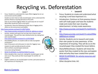 Recycling vs. Deforestation
                                  •     Lesson 7                                                    •    Lesson 8
•      Focus: Students to understand the major effects logging has on our       •   Focus: Students to create and understand what
       environment and the wildlife.
                                                                                    recycling is and how important it is.
       Students to learn how to make recycled paper and to understand the
       positive influence recycling will have on the earth.                     •   Introduction: Continue on from previous lesson
       How can we prevent logging? What are some ways we can recycle?               with self made paper and have the students
       What effect would this have on the earth?                                    make and create their own recycling
•      Introduction: Show the following YouTube clips on logging and its
       effects on the environment and wildlife:
                                                                                    advertisement to help create awareness.
http://www.youtube.com/watch?v=L0fb7Td4DHs                                      •   http://www.youtube.com/watch?v=loeHhmUh-
•      http://www.youtube.com/watch?v=JP4v9z-Bi_g&feature=related                   nE
•      Activity: students will watch the YouTube clip on how to make
       recycled paper. They will then take individual action by making their
                                                                                •   http://www.youtube.com/watch?v=wtoeZ9Nke
       own recycled paper.                                                          qk&feature=related
       http://www.youtube.com/watch?v=uJUYD1C8gH0                               •   Activity: Students are to research and create
•      Share/Reflect/Assess: are students able to make local-global
       connections?
                                                                                    their own poster to raise awareness of the
       level of discussion and enthusiasm to solve the ‘logging’ issue.             importance of recycling. They will do so on the
       students to work sensibly during the activity.                               recycled paper they created the lesson before.
       Work artefacts-recycled paper produced.
                                                                                •   Share/Reflect/Assess: Students will share the
       instructions being followed.
•      REFER TO APPENDIX for INSTRUCTIONS TO activity
                                                                                    poster that they created to the class and explain
•      Other discipline links: visual arts: making the recycled paper can be        what and why they have created their poster.
       seen as art. They could use their recycle paper for another art          •   REFER TO APPENDIX for activity resources and
       purpose.
                                                                                    explanation.
•      English- students to use recycled paper to write a persuasive piece on
       the importance of recycling, etc.                                        •   Other discipline links: Art



      Back to Contents
 