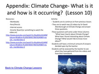 Appendix: Climate Change- What is it
and how is it occurring? (Lesson 10)
Resources:                                       Activity:
     -Workbooks                                  - Students are to continue on from previous lesson.
     -Pens/Pencils                               - They are to watch two (2) videos by Sir David
     -Internet access                                 Attenborough on Climate Change and answer
     -Smarter Board (or something to watch the        three questions.
     video on)                                   -These questions will come under three columns
http://www.youtube.com/watch?v=NLqNHerkZsM&f          “What have I learnt about Climate Change?
     eature=BFa&list=PL3D078AA778676249&lf=res        What have I found interesting about Climate
     ults_main&index=2                                Change? What would I like to know more
                                                      about?”
http://www.youtube.com/watch?v=NLqNHerkZsM&f
     eature=BFa&list=PL3D078AA778676249&lf=res   -Students will have a minimum amount of answers
     ults_main&index=3                                decided upon by the teacher.
                                                 -Students will be assessed by the teacher to see
                                                      what they have gathered from the videos and
                                                      from their homework.




Back to Climate Change Lessons
 
