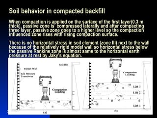 Soil behavior in compacted backfill When compaction is applied on the surface of the first layer(0.3 m thick), passive zone is  compressed laterally and after compacting three layer, passive zone goes to a higher level so the compaction influenced zone rises with rising compaction surface.  There is no horizontal stress in soil element (zone III) next to the wall because of the relatively rigid model wall so horizontal stress below the passive Rankine zone is almost same to the horizontal earth pressure at rest by Jaky’s equation. 