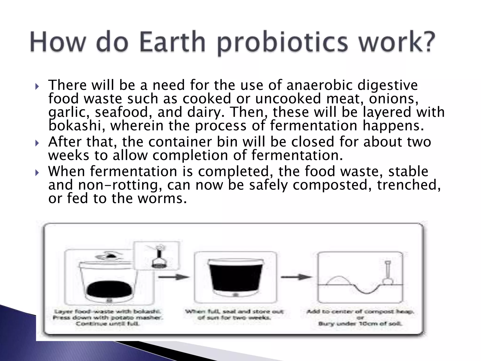  There will be a need for the use of anaerobic digestive
food waste such as cooked or uncooked meat, onions,
garlic, seafood, and dairy. Then, these will be layered with
bokashi, wherein the process of fermentation happens.
 After that, the container bin will be closed for about two
weeks to allow completion of fermentation.
 When fermentation is completed, the food waste, stable
and non-rotting, can now be safely composted, trenched,
or fed to the worms.
 