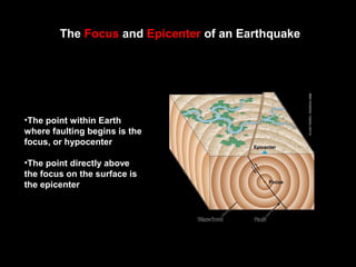 The Focus and Epicenter of an Earthquake
•The point within Earth
where faulting begins is the
focus, or hypocenter
•The point directly above
the focus on the surface is
the epicenter
 
