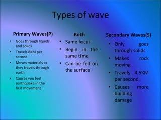 Types of wave Primary Waves(P) Goes through liquids and solids Travels 8KM per second  Moves materials as they travels through earth Causes you feel earthquake in the first movement Both Only goes through solids Makes rock moving  Travels 4.5KM per second Causes more building damage  Secondary Waves(S) Same focus  Begin in the same time Can be felt on the surface 