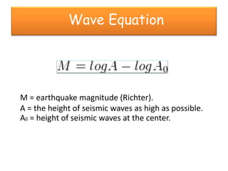 Wave Equation




M = earthquake magnitude (Richter).
A = the height of seismic waves as high as possible.
A0 = height of seismic waves at the center.
 
