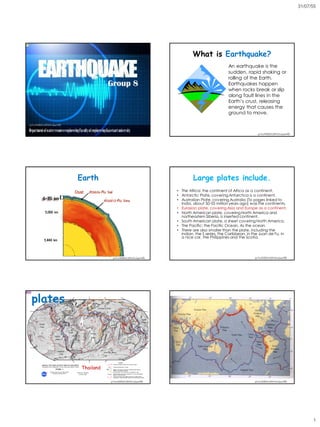 31/07/55




D3



                                                                                                    What is Earthquake?
                                                                                                                        An earthquake is the
                                                                                                                        sudden, rapid shaking or
                                                                                                                        rolling of the Earth.
                                                                      Group 8                                           Earthquakes happen
                                                                                                                        when rocks break or slip
                                                                                                                        along fault lines in the
                                                                                                                        Earth’s crust, releasing
                                                                                                                        energy that causes the
                                                                                                                        ground to move.


     Department of water resource engineering Faculty of engineering Kasetsart university




                                             Earth                                                  Large plates include.
                                                                                            • The Africa: the continent of Africa as a continent.
                                                                                            • Antarctic Plate, covering Antarctica is a continent.
                                                                                            • Australian Plate, covering Australia (To pages linked to
                                                                                              India, about 50-55 million years ago) was the continents.
                                                                                            • Eurasian plate, covering Asia and Europe as a continent.
                                                                                            • North American plate, covering North America and
                                                                                              northeastern Siberia, is inserted continent.
                                                                                            • South American plate, a sheet covering North America.
                                                                                            • The Pacific: the Pacific Ocean. As the ocean.
                                                                                            • There are also smaller than the plate, including the
                                                                                              Indian, the S series, the Caribbean, in the Juan de Fu, in
                                                                                              a nice car, the Philippines and the Scotia.




       plates
WU1




                                                Thailand




                                                                                                                                                                 1
 