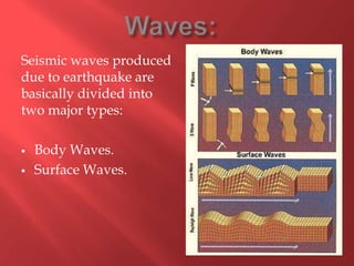 Seismic waves produced
due to earthquake are
basically divided into
two major types:

   Body Waves.
   Surface Waves.
 