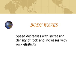 BODY WAVES Speed decreases with increasing density of rock and increases with rock elasticity 