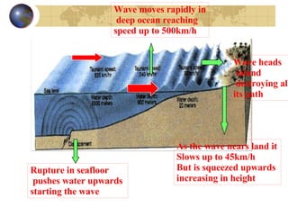 Rupture in seafloor pushes water upwards  starting the wave Wave moves rapidly in deep ocean reaching  speed up to 500km/h Wave heads inland destroying all  its path As the wave nears land it Slows up to 45km/h  But is squeezed upwards  increasing in height 