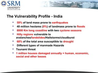 The Vulnerability Profile - India









59% of land mass prone to earthquakes
40 million hectares (8%) of landmass prone to floods
8000 Km long coastline with two cyclone seasons
Hilly regions vulnerable to
avalanches/landslides/Hailstorms/cloudburst
68% of the total area susceptible to drought
Different types of manmade Hazards
Tsunami threat
1 million houses damaged annually + human, economic,
social and other losses

 