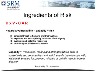 Ingredients of Risk
HxV-C=R
Hazard x vulnerability – capacity = risk
H - potential threat to humans and their welfare
V - exposure and susceptibility to loss of life or dignity
C - available and potential resources
R - probability of disaster occurrence

-

Capacity “resources, means and strengths which exist in
households and communities and which enable them to cope with,
withstand, prepare for, prevent, mitigate or quickly recover from a
disaster”
Prepared by CT.Lakshmanan

 