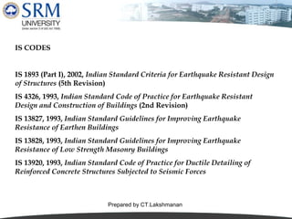 IS CODES
IS 1893 (Part I), 2002, Indian Standard Criteria for Earthquake Resistant Design
of Structures (5th Revision)
IS 4326, 1993, Indian Standard Code of Practice for Earthquake Resistant
Design and Construction of Buildings (2nd Revision)
IS 13827, 1993, Indian Standard Guidelines for Improving Earthquake
Resistance of Earthen Buildings
IS 13828, 1993, Indian Standard Guidelines for Improving Earthquake
Resistance of Low Strength Masonry Buildings
IS 13920, 1993, Indian Standard Code of Practice for Ductile Detailing of
Reinforced Concrete Structures Subjected to Seismic Forces

Prepared by CT.Lakshmanan

 