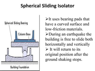 Spherical Sliding Isolator
It uses bearing pads that
have a curved surface and
low-friction materials.
During an earthquake the
building is free to slide both
horizontally and vertically
 It will return to its
original position after the
ground shaking stops.
 