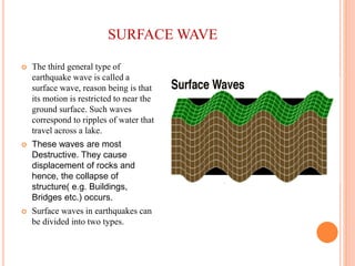 SURFACE WAVE
 The third general type of
earthquake wave is called a
surface wave, reason being is that
its motion is restricted to near the
ground surface. Such waves
correspond to ripples of water that
travel across a lake.
 These waves are most
Destructive. They cause
displacement of rocks and
hence, the collapse of
structure( e.g. Buildings,
Bridges etc.) occurs.
 Surface waves in earthquakes can
be divided into two types.
 