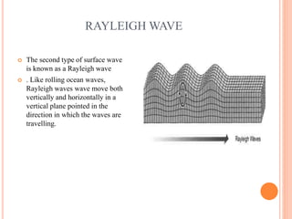 RAYLEIGH WAVE
 The second type of surface wave
is known as a Rayleigh wave
 . Like rolling ocean waves,
Rayleigh waves wave move both
vertically and horizontally in a
vertical plane pointed in the
direction in which the waves are
travelling.
 