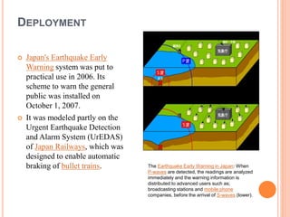 DEPLOYMENT
 Japan's Earthquake Early
Warning system was put to
practical use in 2006. Its
scheme to warn the general
public was installed on
October 1, 2007.
 It was modeled partly on the
Urgent Earthquake Detection
and Alarm System (UrEDAS)
of Japan Railways, which was
designed to enable automatic
braking of bullet trains. The Earthquake Early Warning in Japan: When
P-waves are detected, the readings are analyzed
immediately and the warning information is
distributed to advanced users such as;
broadcasting stations and mobile phone
companies, before the arrival of S-waves (lower).
 