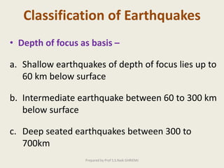 Classification of Earthquakes
• Depth of focus as basis –
a. Shallow earthquakes of depth of focus lies up to
60 km below surface
b. Intermediate earthquake between 60 to 300 km
below surface
c. Deep seated earthquakes between 300 to
700km
Prepared by Prof S.S.Naik GHRIEMJ
 
