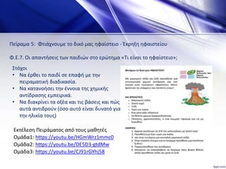 Εκτέλεση Πειράματος από τους μαθητές
Ομάδα1: https://youtu.be/HGmWrz1mmc0
Ομάδα2: https://youtu.be/DE5D3-gtdMw
Ομάδα3: https://youtu.be/CJ91rGYhj58
Πείραμα 5: Φτιάχνουμε το δικό μας ηφαίστειο - Έκρηξη ηφαιστείου
Φ.Ε.7. Οι απαντήσεις των παιδιών στο ερώτημα «Τι είναι το ηφαίστειο»;
Στόχοι
• Να έρθει το παιδί σε επαφή με την
πειραματική διαδικασία.
• Να κατανοήσει την έννοια της χημικής
αντίδρασης εμπειρικά.
• Να διακρίνει τα οξέα και τις βάσεις και πώς
αυτά αντιδρούν (όσο αυτό είναι δυνατό για
την ηλικία τους)
 