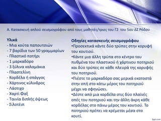 Υλικά
- Μια κούτα παπουτσιών
- 7 βαρίδια των 50 γραμμαρίων
- Πλαστικό ποτήρι
- 1 μαρκαδόρο
- 3 ξύλινα καλαμάκια
- Πλαστελίνη
- Κορδέλα ή σπάγγος
- Χάρτινος κύλινδρος
- Λάστιχο
- Χαρτί Φαξ
- Ταινία διπλής όψεως
- Σιλοτέιπ
Οδηγίες κατασκευής σεισμογράφου
•Προσεκτικά κάντε δύο τρύπες στην κορυφή
του κουτιού.
•Κάντε μια άλλη τρύπα στο κέντρο του
πυθμένα του πλαστικού ή χάρτινου ποτηριού
και δύο τρύπες σε κάθε πλευρά της κορυφής
του ποτηριού.
•Πιέστε το μαρκαδόρο σας μερικά εκατοστά
στην οπή στο κάτω μέρος του ποτηριού
μέχρι να σφηνώσει.
•Δέστε από μια κορδέλα στις δύο πλαϊνές
οπές του ποτηριού και την άλλη άκρη κάθε
κορδέλας στο πάνω μέρος του κουτιού. Το
ποτηριού πρέπει να κρέμεται μέσα στο
κουτί.
Α. Κατασκευή απλού σεισμογράφου από τους μαθητές/τριες του Γ2 του 5ου ΔΣ Ρόδου
 