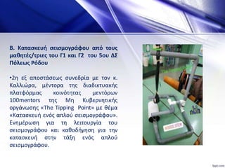 Β. Κατασκευή σεισμογράφου από τους
μαθητές/τριες του Γ1 και Γ2 του 5ου ΔΣ
Πόλεως Ρόδου
•2η εξ αποστάσεως συνεδρία με τον κ.
Καλλιώρα, μέντορα της διαδικτυακής
πλατφόρμας κοινότητας μεντόρων
100mentors της Μη Κυβερνητικής
οργάνωσης «The Tipping Point» με θέμα
«Κατασκευή ενός απλού σεισμογράφου».
Ενημέρωση για τη λειτουργία του
σεισμογράφου και καθοδήγηση για την
κατασκευή στην τάξη ενός απλού
σεισμογράφου.
 