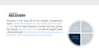 RECOVERY
Recovery is the long tail of the disaster management
cycle, measured in months or years rather than the hours
& days that an initial response is carried out over. During
this period, a coordinated eﬀort is made to support those
aﬀected through the restoration of infrastructure as well as
economic, social and psychological well-being.
 