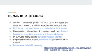HUMAN IMPACT: Effects
● Affected 15.9 million people out of 37.8 in the region (in
areas such as Bhuj, Bhachau, Anjar, Gandhidham, Rapar)
● High demand for food, water, and medical care for survivors
● Humanitarian intervention by groups such as Oxfam:
focused on Immediate response and then rehabilitation
● Of survivors, many require persistent medical attention
● Region continues to require assistance long after quake has
subsided
● International aid vital to recovery
https://c.ndtvimg.com/2023-02/fjq5g94_syria-earthquake-pt
i-650-_650x400_06_February_23.gif
 