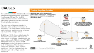 CAUSES
The subduction of Indian plate below Eurasian
plate caused Nepal earthquake at the belt of
Himalaya. April 25 and May 12, 2015
earthquakes had occurred on the northern
boundary of the Indian plate which is under
thrusting the Eurasian plate.
The main cause of Nepal earthquakes is
attributed to the northward movement of
Indian plate. The Indian plate is moving toward
north- northeast ward direction at an average
rate of about 4.5-5 cm per annum.
On 25th April 2015, the stress built up as the
Indian and Eurasian plates slide under one
other causing earthquake. The earthquake was
caused at the depth of 10 kilometres. The 188
aftershocks measuring around 3.0-6.9
magnitude in Richter scale were at the depths
of 10-50 kilometres. After the major
earthquake, the earth's plates lost their
equilibrium. The aftershocks are basically
nature’s way to help earth get back its
equilibrium.
 