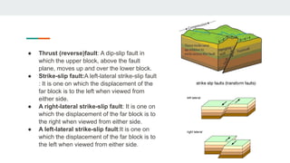 ● Thrust (reverse)fault: A dip-slip fault in
which the upper block, above the fault
plane, moves up and over the lower block.
● Strike-slip fault:A left-lateral strike-slip fault
: It is one on which the displacement of the
far block is to the left when viewed from
either side.
● A right-lateral strike-slip fault: It is one on
which the displacement of the far block is to
the right when viewed from either side.
● A left-lateral strike-slip fault:It is one on
which the displacement of the far block is to
the left when viewed from either side.
 