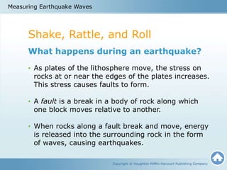 Shake, Rattle, and Roll
Copyright © Houghton Mifflin Harcourt Publishing Company
What happens during an earthquake?
• As plates of the lithosphere move, the stress on
rocks at or near the edges of the plates increases.
This stress causes faults to form.
• A fault is a break in a body of rock along which
one block moves relative to another.
• When rocks along a fault break and move, energy
is released into the surrounding rock in the form
of waves, causing earthquakes.
Measuring Earthquake Waves
 