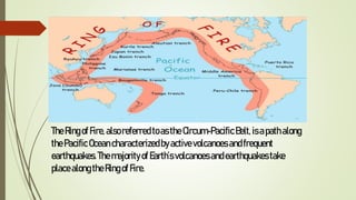 TheRingofFire, alsoreferred toas the Circum-PacificBelt, isapathalong
thePacificOceancharacterizedbyactivevolcanoes andfrequent
earthquakes. ThemajorityofEarth’svolcanoes andearthquakestake
placealongtheRingofFire.
 