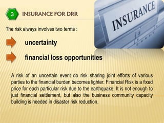 3     INSURANCE FOR DRR

The risk always involves two terms :

         uncertainty

         financial loss opportunities

  A risk of an uncertain event do risk sharing joint efforts of various
  parties to the financial burden becomes lighter. Financial Risk is a fixed
  price for each particular risk due to the earthquake. It is not enough to
  just financial settlement, but also the business community capacity
  building is needed in disaster risk reduction.
 