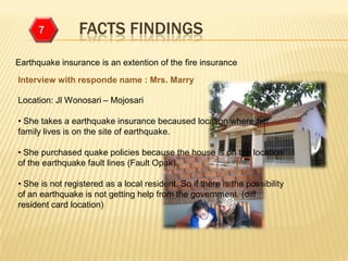 7           FACTS FINDINGS
Earthquake insurance is an extention of the fire insurance

Interview with responde name : Mrs. Marry

Location: Jl Wonosari – Mojosari

• She takes a earthquake insurance becaused location where her
family lives is on the site of earthquake.

• She purchased quake policies because the house is on the location
of the earthquake fault lines (Fault Opak).

• She is not registered as a local resident. So if there is the possibility
of an earthquake is not getting help from the government. (diff
resident card location)
 
