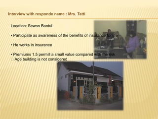 Interview with responde name : Mrs. Tatti


 Location: Sewon Bantul

 • Participate as awareness of the benefits of insurance for life

 • He works in insurance

 • Premiums 1.5 permill a small value compared with the risk
 Age building is not considered
 