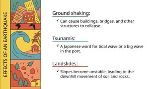 EFFECTS
OF
AN
EARTHQUAKE
Ground shaking:
 Can cause buildings, bridges, and other
structures to collapse.
Tsunamis:
 A Japanese word for tidal wave or a big wave
in the port.
Landslides:
 Slopes become unstable, leading to the
downhill movement of soil and rocks.
 