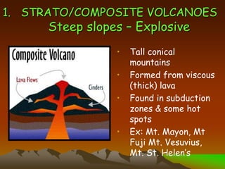 1. STRATO/COMPOSITE VOLCANOES
Steep slopes – Explosive
• Tall conical
mountains
• Formed from viscous
(thick) lava
• Found in subduction
zones & some hot
spots
• Ex: Mt. Mayon, Mt
Fuji Mt. Vesuvius,
Mt. St. Helen’s
 