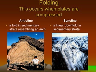Anticline
• a fold in sedimentary
strata resembling an arch
Syncline
• a linear downfold in
sedimentary strata
Folding
This occurs when plates are
compressed
 