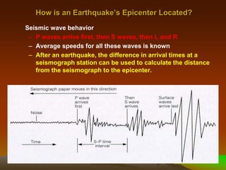 How is an Earthquake’s Epicenter Located?
Seismic wave behavior
– P waves arrive first, then S waves, then L and R
– Average speeds for all these waves is known
– After an earthquake, the difference in arrival times at a
seismograph station can be used to calculate the distance
from the seismograph to the epicenter.
 