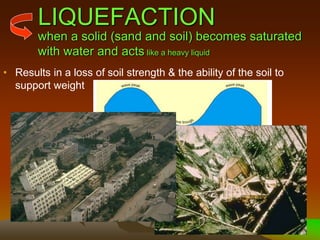 LIQUEFACTION
• Results in a loss of soil strength & the ability of the soil to
support weight
when a solid (sand and soil) becomes saturated
with water and acts like a heavy liquid
 