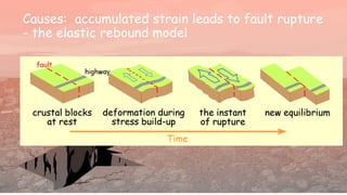 Causes: accumulated strain leads to fault rupture
- the elastic rebound model
 