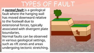 TYPES OF FAULT
A normal fault is a geological
fault where the hanging wall
has moved downward relative
to the footwall due to
extensional forces, typically
associated with divergent plate
boundaries.
Normal faults can be observed
in various geological settings,
such as rift zones and areas
undergoing tectonic stretching.
 