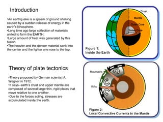 •An earthquake is a spasm of ground shaking
caused by a sudden release of energy in the
earth's lithosphere.
•Long time ago large collection of materials
united to form the EARTH.
•Large amount of heat was generated by this
fusion.
•The heavier and the denser material sank into
the center and the lighter one rose to the top.
Introduction
Theory of plate tectonics
•Theory proposed by German scientist A.
Wegner in 1912.
•It says- earth’s crust and upper mantle are
composed of several large thin, rigid plates that
move relative to one another.
•Due to the forces acting, stresses are
accumulated inside the earth.
Mountains
Rifts
 