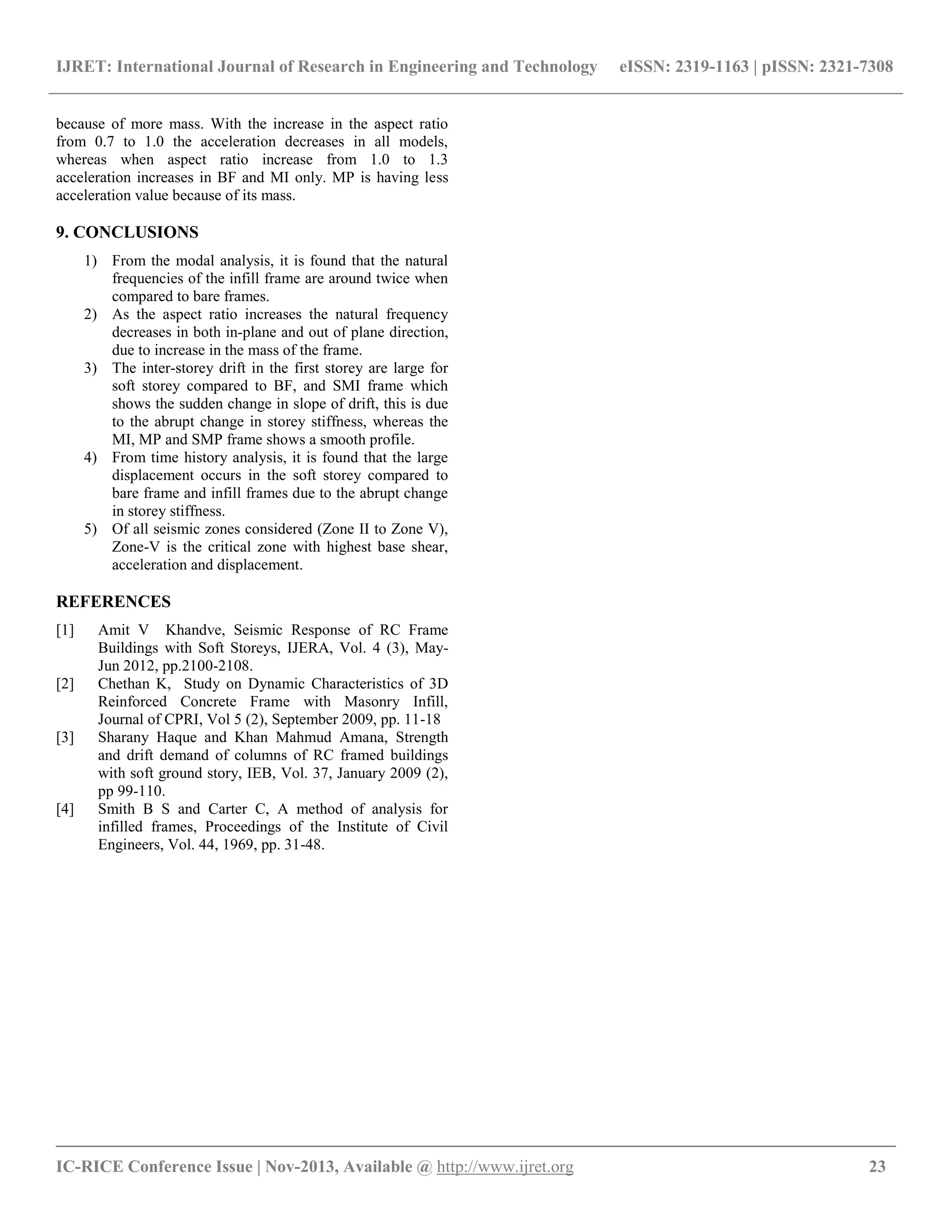 IJRET: International Journal of Research in Engineering and Technology eISSN: 2319-1163 | pISSN: 2321-7308
__________________________________________________________________________________________
IC-RICE Conference Issue | Nov-2013, Available @ http://www.ijret.org 23
because of more mass. With the increase in the aspect ratio
from 0.7 to 1.0 the acceleration decreases in all models,
whereas when aspect ratio increase from 1.0 to 1.3
acceleration increases in BF and MI only. MP is having less
acceleration value because of its mass.
9. CONCLUSIONS
1) From the modal analysis, it is found that the natural
frequencies of the infill frame are around twice when
compared to bare frames.
2) As the aspect ratio increases the natural frequency
decreases in both in-plane and out of plane direction,
due to increase in the mass of the frame.
3) The inter-storey drift in the first storey are large for
soft storey compared to BF, and SMI frame which
shows the sudden change in slope of drift, this is due
to the abrupt change in storey stiffness, whereas the
MI, MP and SMP frame shows a smooth profile.
4) From time history analysis, it is found that the large
displacement occurs in the soft storey compared to
bare frame and infill frames due to the abrupt change
in storey stiffness.
5) Of all seismic zones considered (Zone II to Zone V),
Zone-V is the critical zone with highest base shear,
acceleration and displacement.
REFERENCES
[1] Amit V Khandve, Seismic Response of RC Frame
Buildings with Soft Storeys, IJERA, Vol. 4 (3), May-
Jun 2012, pp.2100-2108.
[2] Chethan K, Study on Dynamic Characteristics of 3D
Reinforced Concrete Frame with Masonry Infill,
Journal of CPRI, Vol 5 (2), September 2009, pp. 11-18
[3] Sharany Haque and Khan Mahmud Amana, Strength
and drift demand of columns of RC framed buildings
with soft ground story, IEB, Vol. 37, January 2009 (2),
pp 99-110.
[4] Smith B S and Carter C, A method of analysis for
infilled frames, Proceedings of the Institute of Civil
Engineers, Vol. 44, 1969, pp. 31-48.
 