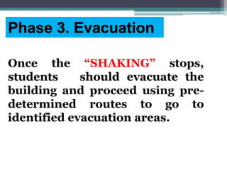 Once the “SHAKING” stops,
students should evacuate the
building and proceed using pre-
determined routes to go to
identified evacuation areas.
Phase 3. Evacuation
 