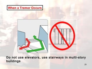 When a Tremor Occurs Do not use elevators, use stairways in multi-story buildings 