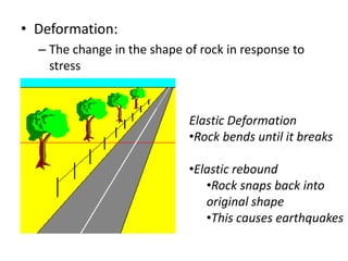 • Deformation:
– The change in the shape of rock in response to
stress

Elastic Deformation
•Rock bends until it breaks
•Elastic rebound
•Rock snaps back into
original shape
•This causes earthquakes

 