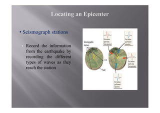 • Seismograph stations

 •   Record the information
     from the earthquake by
     recording the different
     types of waves as they
     reach the station
 
