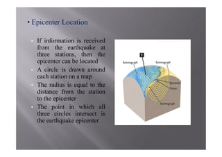 • Epicenter Location

 •   If information is received
     from the earthquake at
     three stations, then the
     epicenter can be located
 •   A circle is drawn around
     each station on a map
 •   The radius is equal to the
     distance from the station
     to the epicenter
 •   The point in which all
     three circles intersect is
     the earthquake epicenter
 