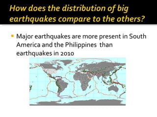 Major earthquakes are more present in South America and the Philippines  than earthquakes in 2010 