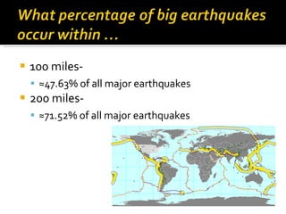 100 miles- ≈ 47.63% of all major earthquakes 200 miles- ≈ 71.52% of all major earthquakes 